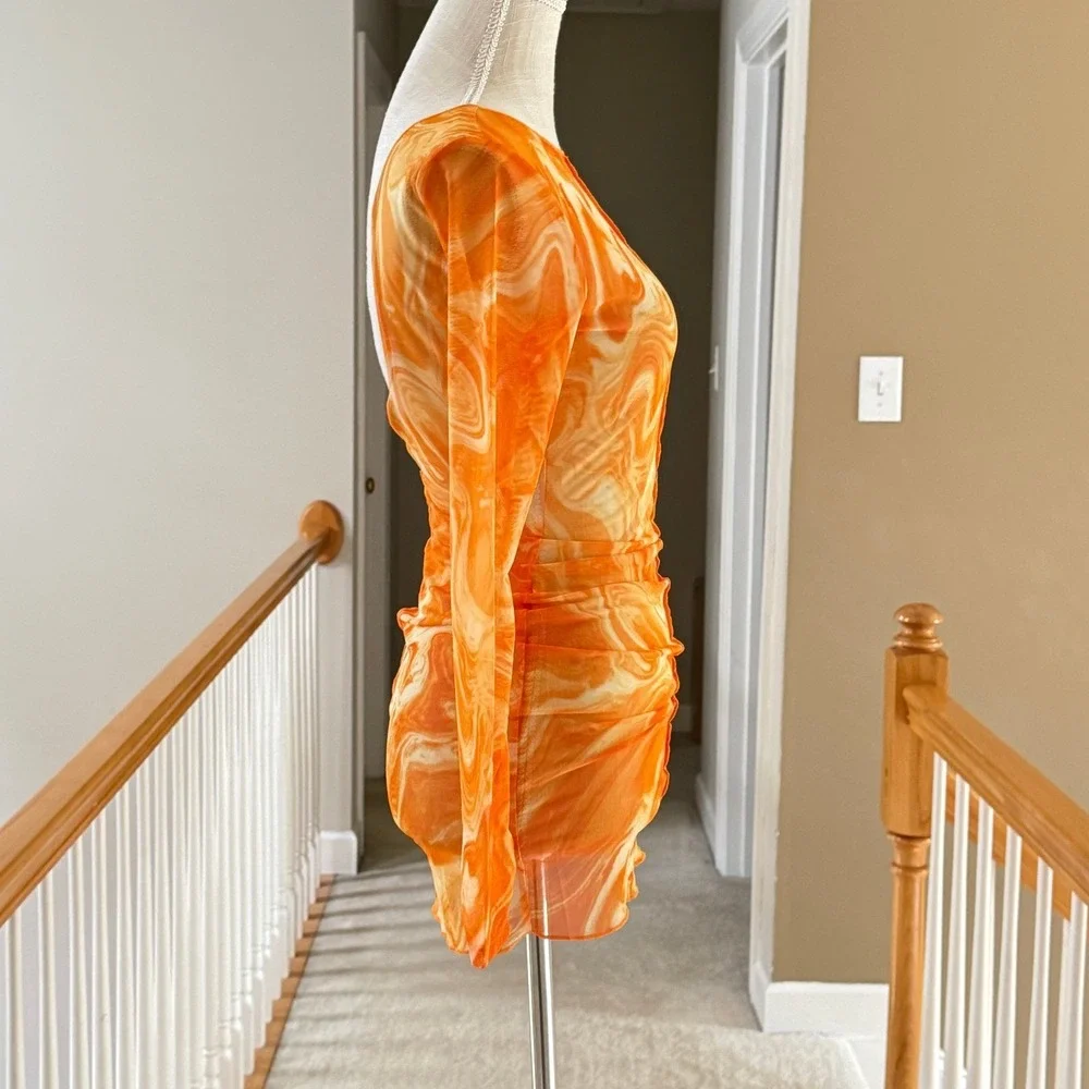 Naked Wardrobe Swim Orange Marble Mesh Long Sleeve Mini‎ Dress Cover Up XS